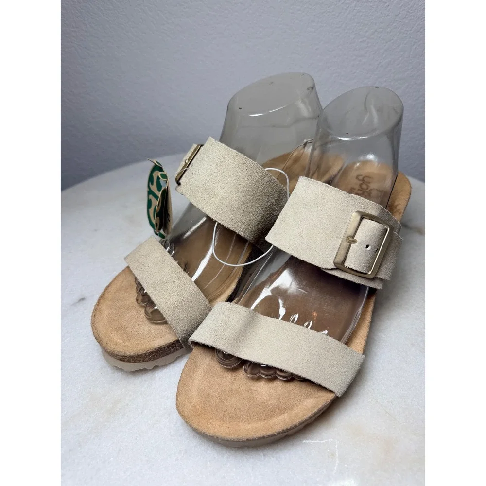Yokono Womens Beige Suede Leather Cork Wedge‎ Buckle Slide Sandals Size 9 Spain